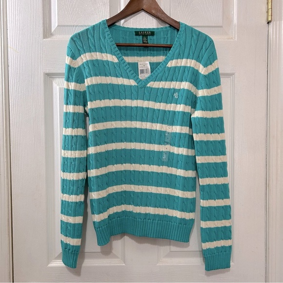 Lauren Ralph Lauren Sweater V-Neck Turquoise Blue White Striped Size Large - Picture 1 of 7